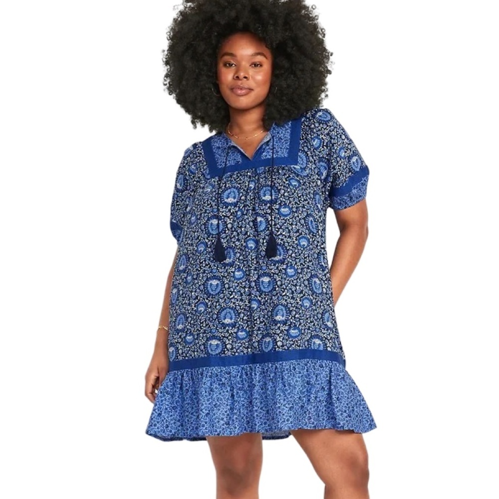 Old Navy Floral Puff-Sleeve Mini Swing Dress | Blue Blossoms | Size Large NWT